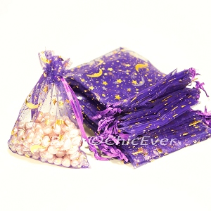 100x Schmuckbeutel 9,5x12,5cm Organzabeutel Verpackung lila/violett gold Stern & Mond